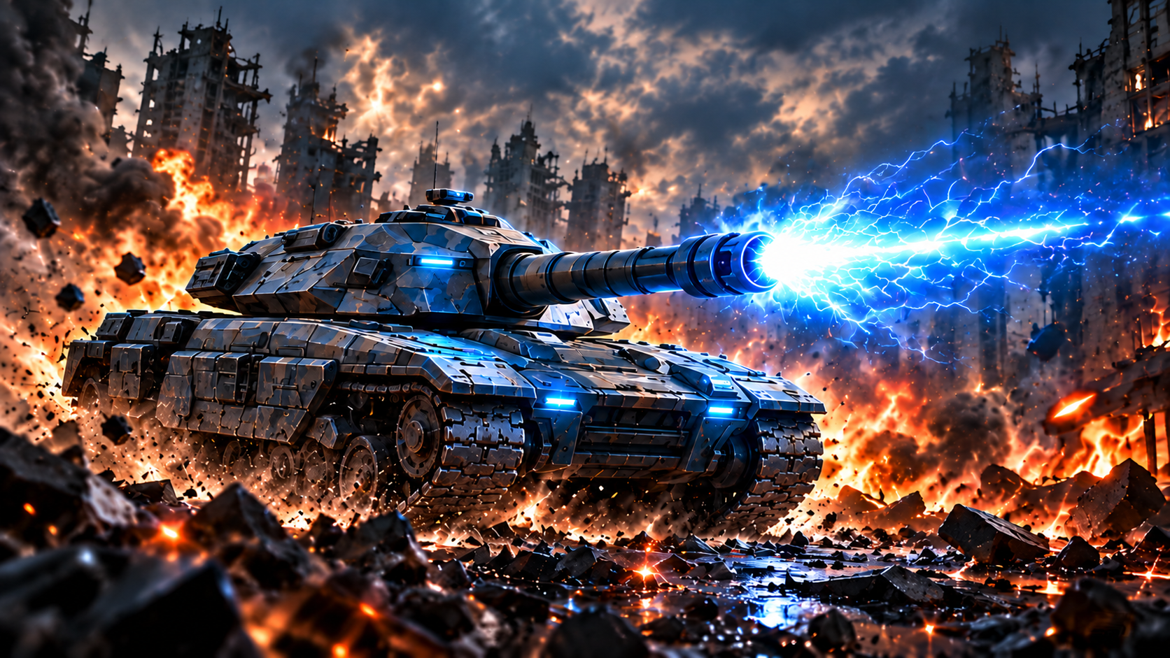 Tanque do CoreTanks disparando energia azul em um campo de batalha
